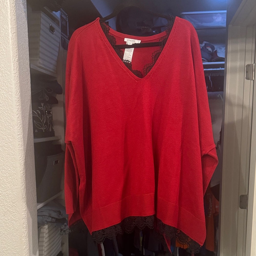 Chico's Red V-Neck Sweater with Black Lace